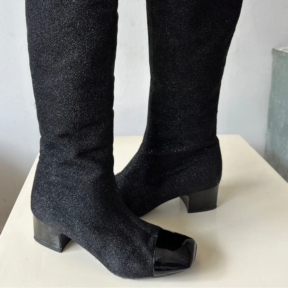 CHANEL Fall 2017 Runway Black Sparkle High Boots Size 37